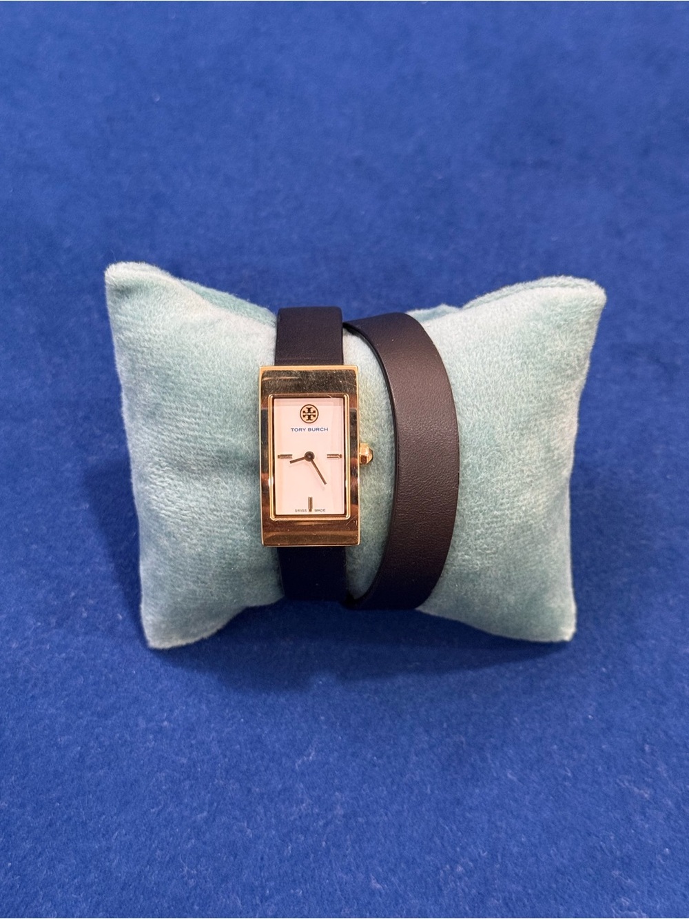 Tory Burch Black Leather Double Wrap Buddy Watch with Gold Rectangular Face